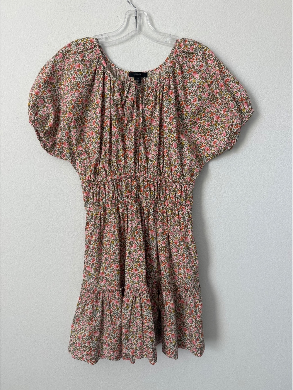 J. Crew 100% Cotton Puff Short Sleeve Tie Neck Smocked Waist Ditsy Dress Size XS